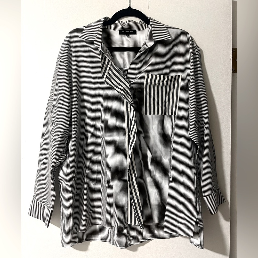 Lafayette 148 New York Blouse Sz Small Striped Cotton Blend Shirt Button Front